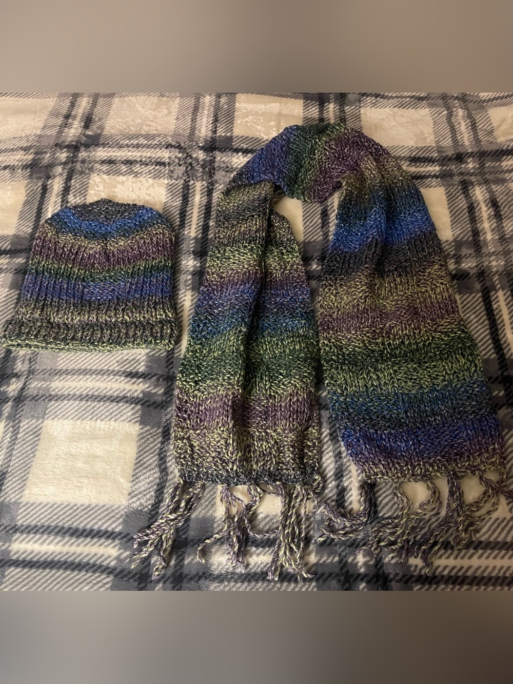 Handmade Multicolor Knit Beanie and Scarf Set - Blue Green Purple